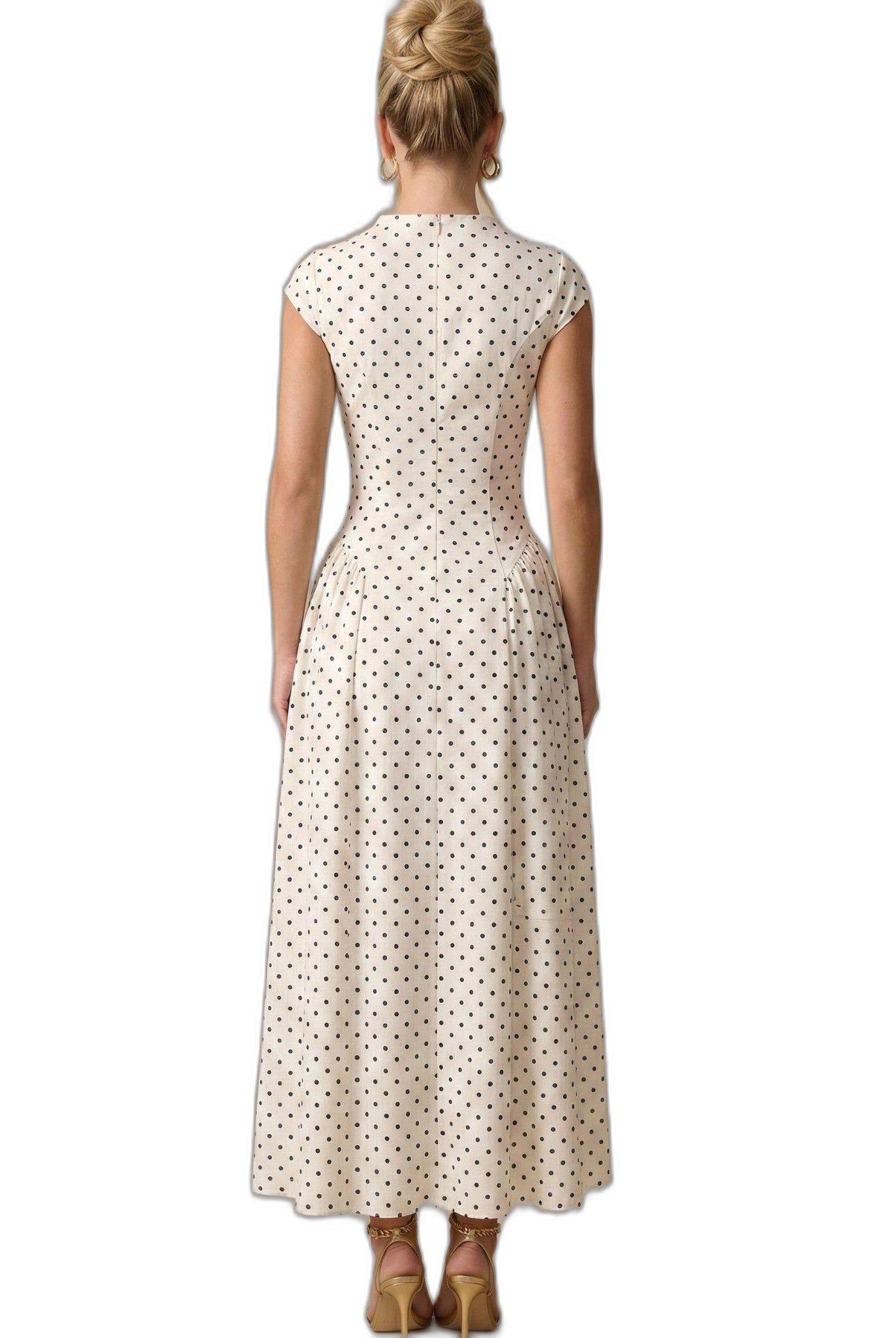 Effortless White Polka Dot Maxi Dress for Women with Round Neck Cap Sleeve A Line Pockets Casual Style