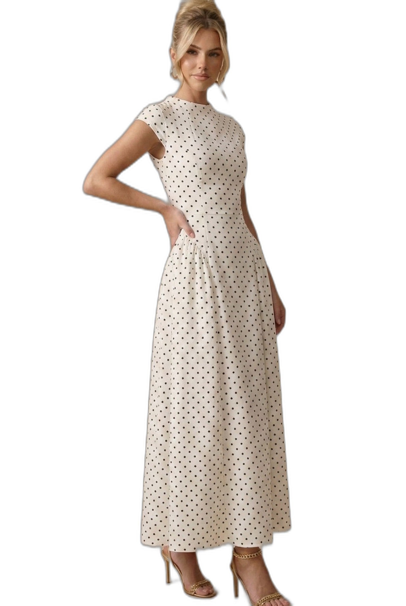 Effortless White Polka Dot Maxi Dress for Women with Round Neck Cap Sleeve A Line Pockets Casual Style