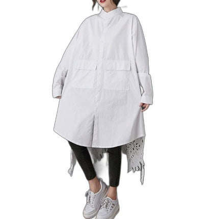 Effortless White Tunic for Women with Collared Long Sleeve Button Front Oversized Casual Style