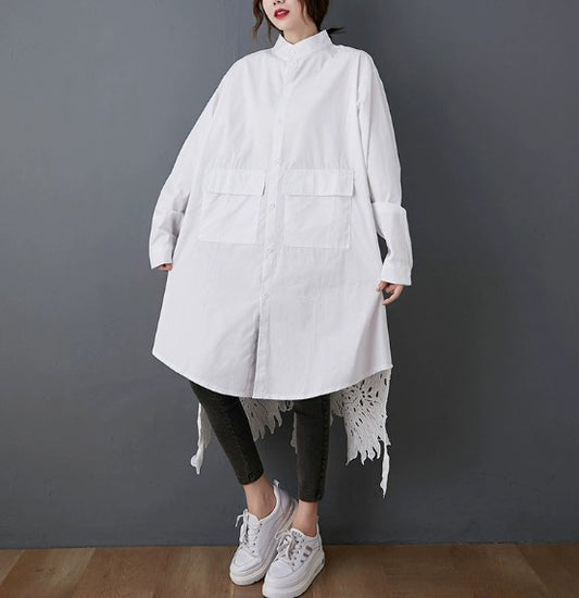 Effortless White Tunic for Women with Collared Long Sleeve Button Front Oversized Casual Style