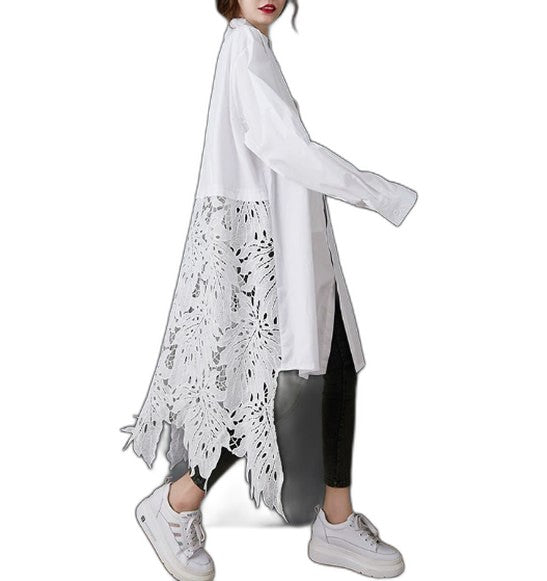 Effortless White Tunic for Women with Collared Long Sleeve Button Front Oversized Casual Style