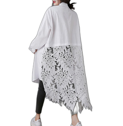 Effortless White Tunic for Women with Collared Long Sleeve Button Front Oversized Casual Style