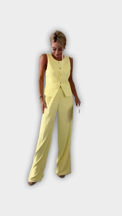 Effortless Yellow Jumpsuit for Women with V Neck Sleeveless Wide Leg Casual Style