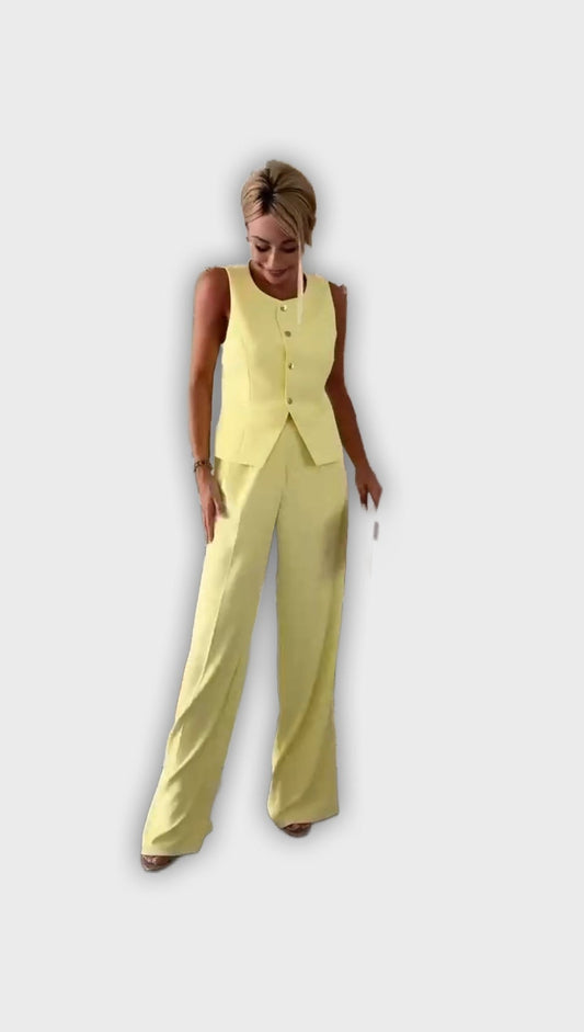 Effortless Yellow Jumpsuit for Women with V Neck Sleeveless Wide Leg Casual Style