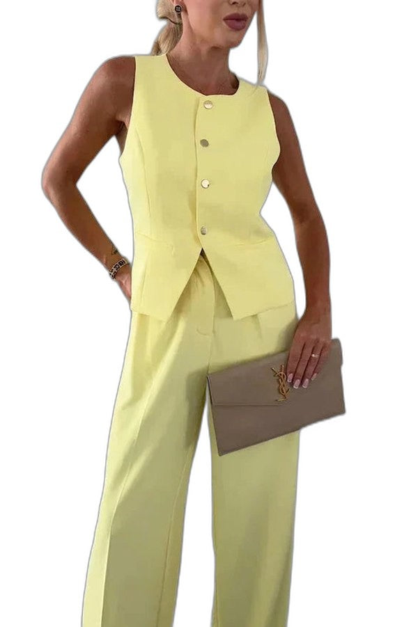 Effortless Yellow Jumpsuit for Women with V Neck Sleeveless Wide Leg Casual Style