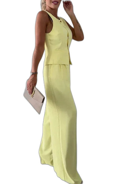 Effortless Yellow Jumpsuit for Women with V Neck Sleeveless Wide Leg Casual Style