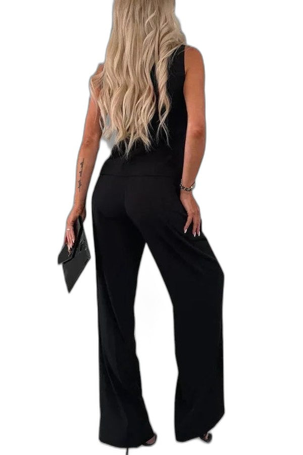 Effortless Yellow Jumpsuit for Women with V Neck Sleeveless Wide Leg Casual Style