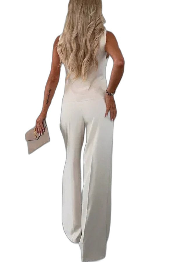 Effortless Yellow Jumpsuit for Women with V Neck Sleeveless Wide Leg Casual Style