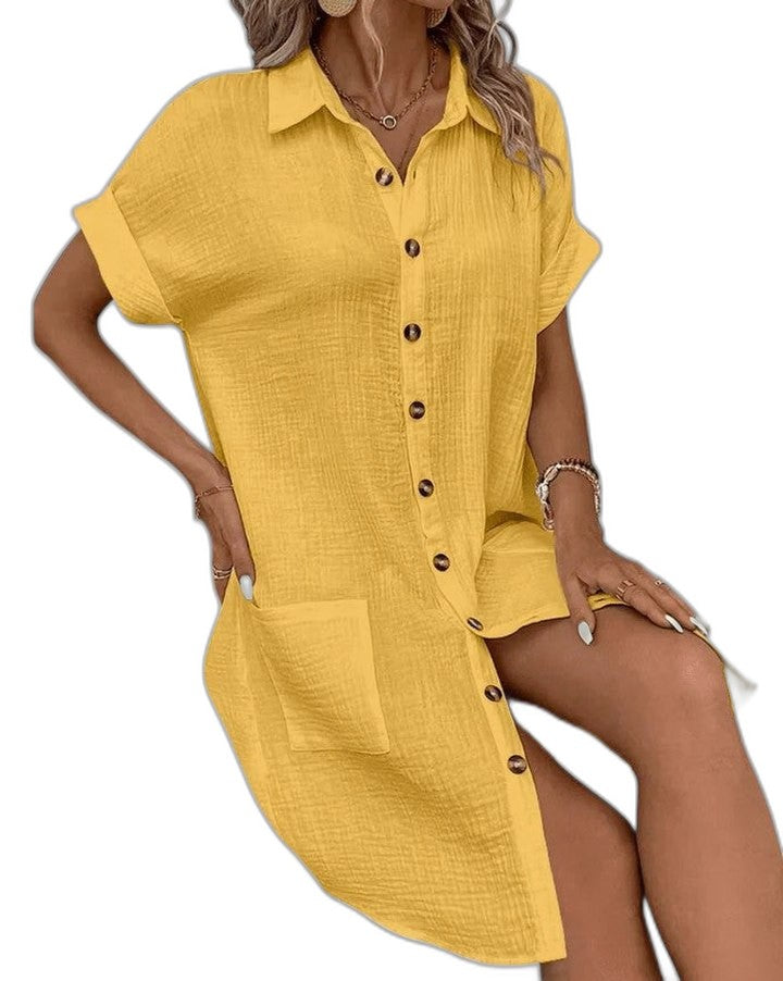 Effortless Yellow Linen Mini Dress for Women with Collared Short Sleeve Button Front Flowing Pockets Casual Style