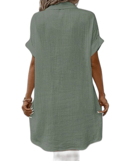 Effortless Yellow Linen Mini Dress for Women with Collared Short Sleeve Button Front Flowing Pockets Casual Style