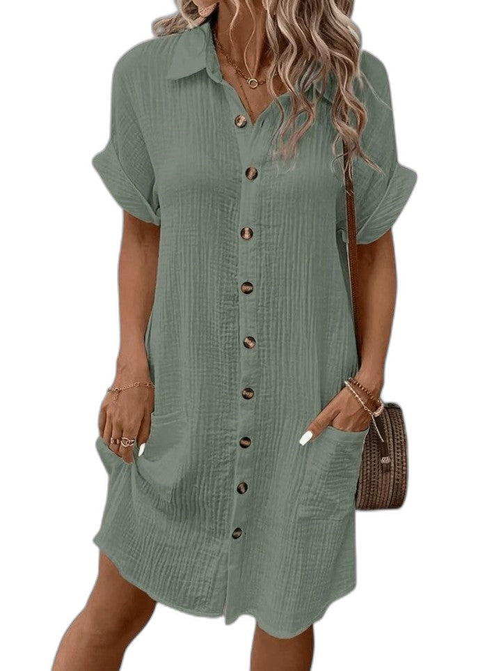 Effortless Yellow Linen Mini Dress for Women with Collared Short Sleeve Button Front Flowing Pockets Casual Style