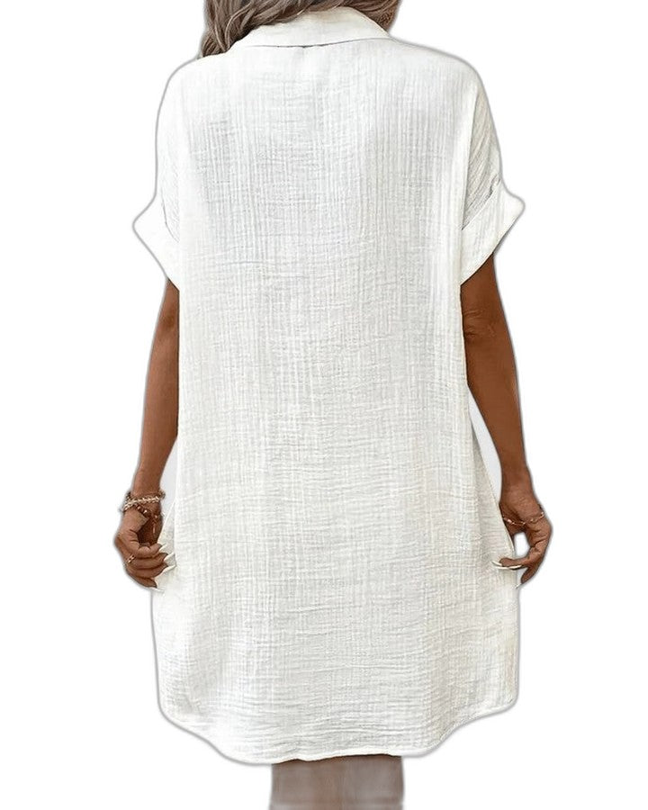Effortless Yellow Linen Mini Dress for Women with Collared Short Sleeve Button Front Flowing Pockets Casual Style