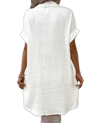 Effortless Yellow Linen Mini Dress for Women with Collared Short Sleeve Button Front Flowing Pockets Casual Style