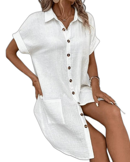 Effortless Yellow Linen Mini Dress for Women with Collared Short Sleeve Button Front Flowing Pockets Casual Style