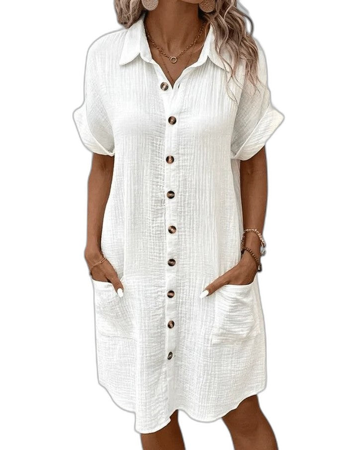 Effortless Yellow Linen Mini Dress for Women with Collared Short Sleeve Button Front Flowing Pockets Casual Style