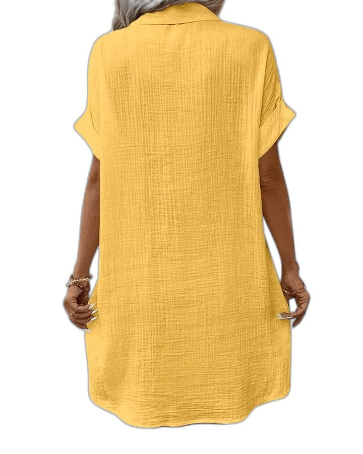 Effortless Yellow Linen Mini Dress for Women with Collared Short Sleeve Button Front Flowing Pockets Casual Style