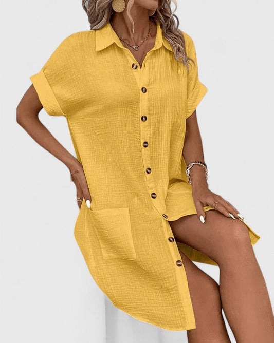 Effortless Yellow Linen Mini Dress for Women with Collared Short Sleeve Button Front Flowing Pockets Casual Style