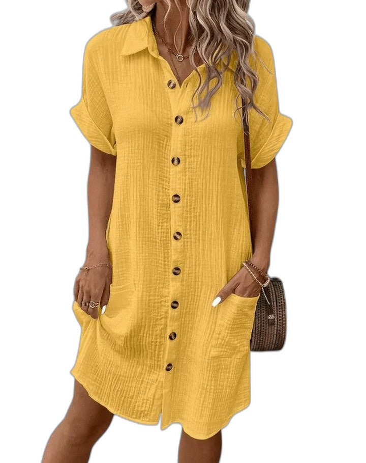 Effortless Yellow Linen Mini Dress for Women with Collared Short Sleeve Button Front Flowing Pockets Casual Style