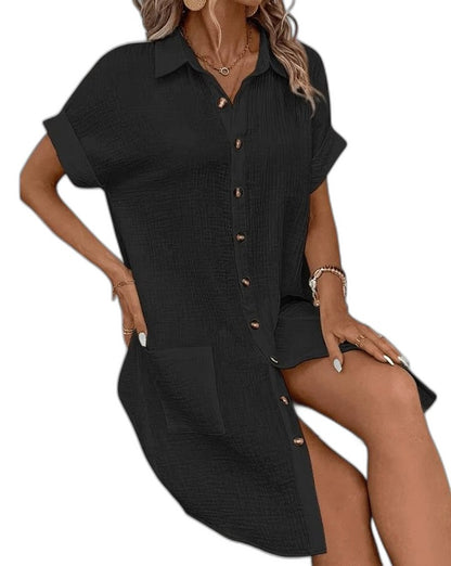 Effortless Yellow Linen Mini Dress for Women with Collared Short Sleeve Button Front Flowing Pockets Casual Style