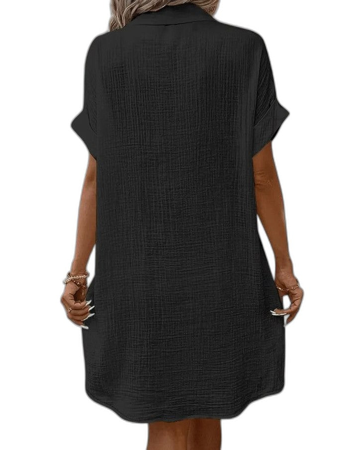 Effortless Yellow Linen Mini Dress for Women with Collared Short Sleeve Button Front Flowing Pockets Casual Style