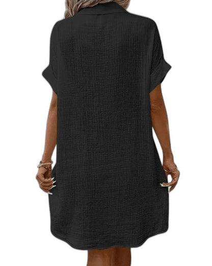 Effortless Yellow Linen Mini Dress for Women with Collared Short Sleeve Button Front Flowing Pockets Casual Style