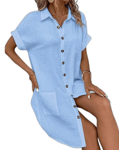 Effortless Yellow Linen Mini Dress for Women with Collared Short Sleeve Button Front Flowing Pockets Casual Style