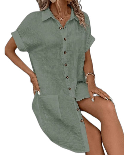 Effortless Yellow Linen Mini Dress for Women with Collared Short Sleeve Button Front Flowing Pockets Casual Style