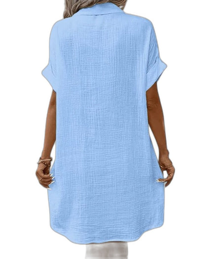 Effortless Yellow Linen Mini Dress for Women with Collared Short Sleeve Button Front Flowing Pockets Casual Style