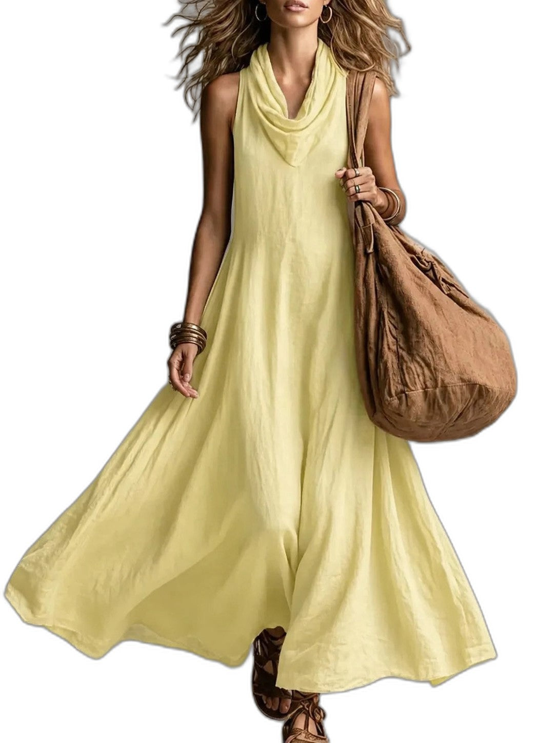 Effortless Yellow Maxi Dress for Women with Cowl Neck Sleeveless A Line Flowing Casual Style