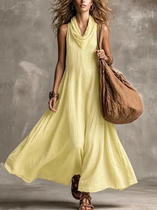 Effortless Yellow Maxi Dress for Women with Cowl Neck Sleeveless A Line Flowing Casual Style