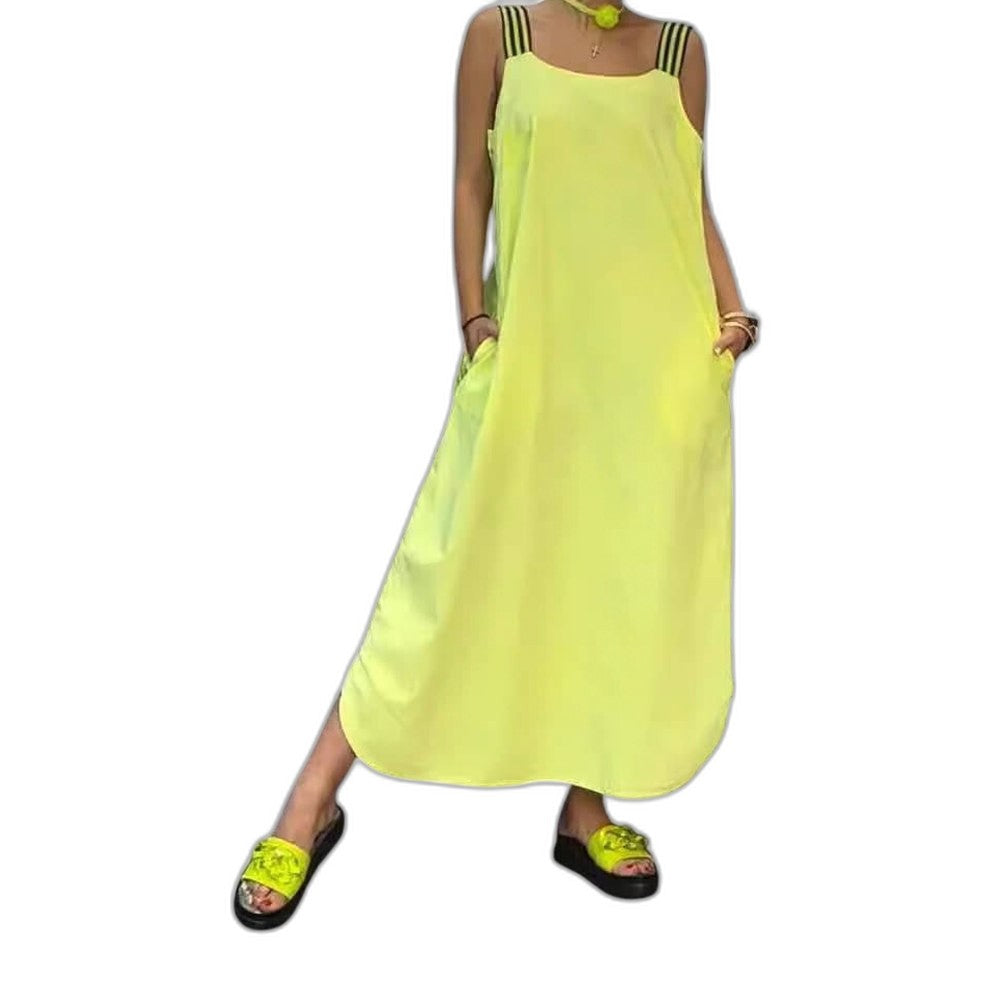 Effortless Yellow Maxi Dress for Women with V Neck Spaghetti Strap Flowing Pockets Casual Style