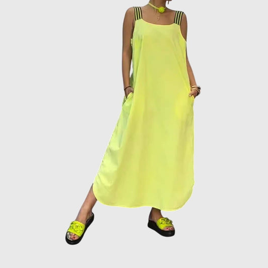 Effortless Yellow Maxi Dress for Women with V Neck Spaghetti Strap Flowing Pockets Casual Style