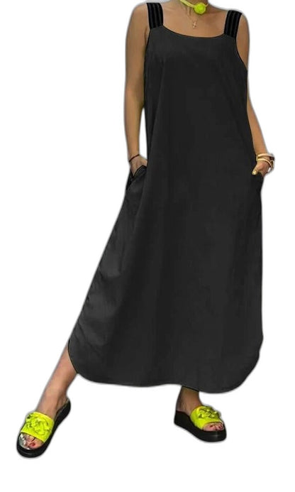 Effortless Yellow Maxi Dress for Women with V Neck Spaghetti Strap Flowing Pockets Casual Style
