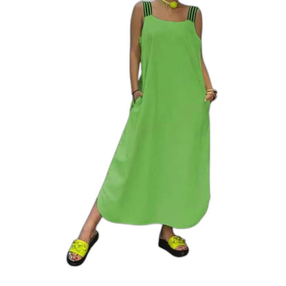 Effortless Yellow Maxi Dress for Women with V Neck Spaghetti Strap Flowing Pockets Casual Style