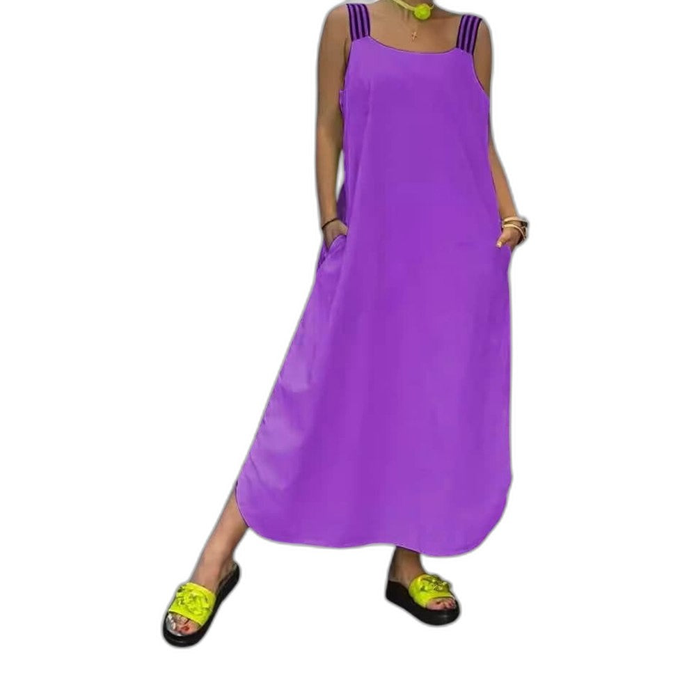 Effortless Yellow Maxi Dress for Women with V Neck Spaghetti Strap Flowing Pockets Casual Style