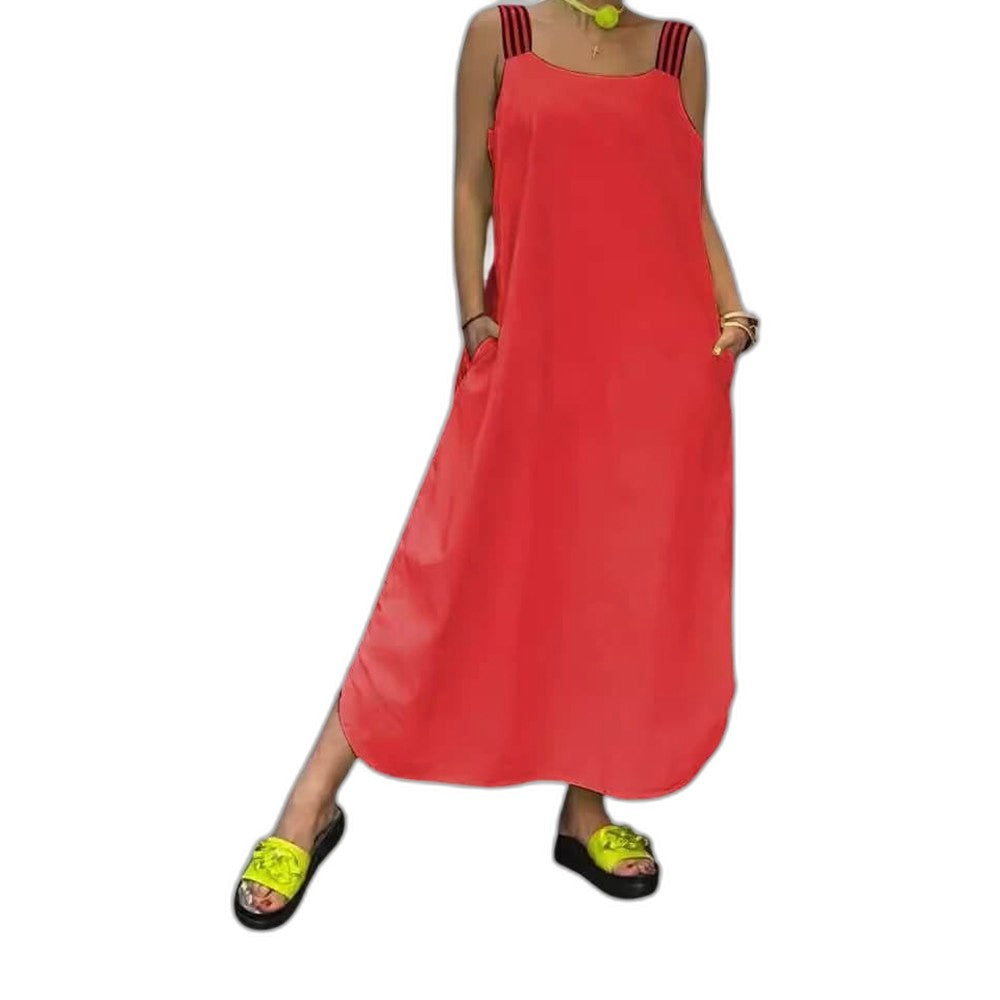 Effortless Yellow Maxi Dress for Women with V Neck Spaghetti Strap Flowing Pockets Casual Style