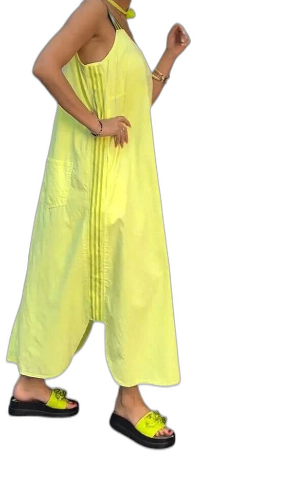 Effortless Yellow Maxi Dress for Women with V Neck Spaghetti Strap Flowing Pockets Casual Style