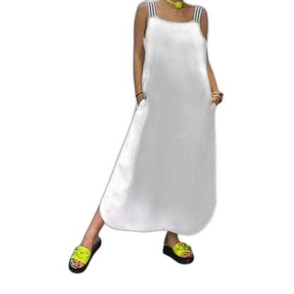 Effortless Yellow Maxi Dress for Women with V Neck Spaghetti Strap Flowing Pockets Casual Style