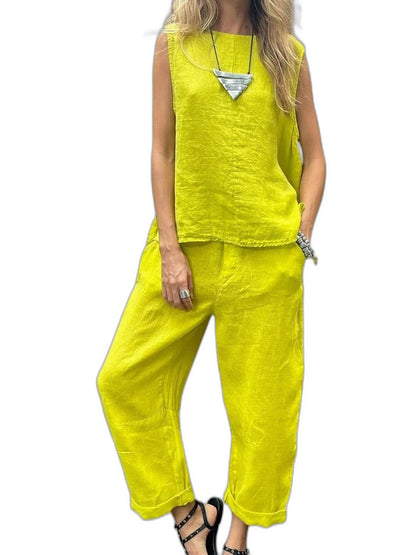 Effortless Yellow Two Piece Set for Women with Pockets Casual Style