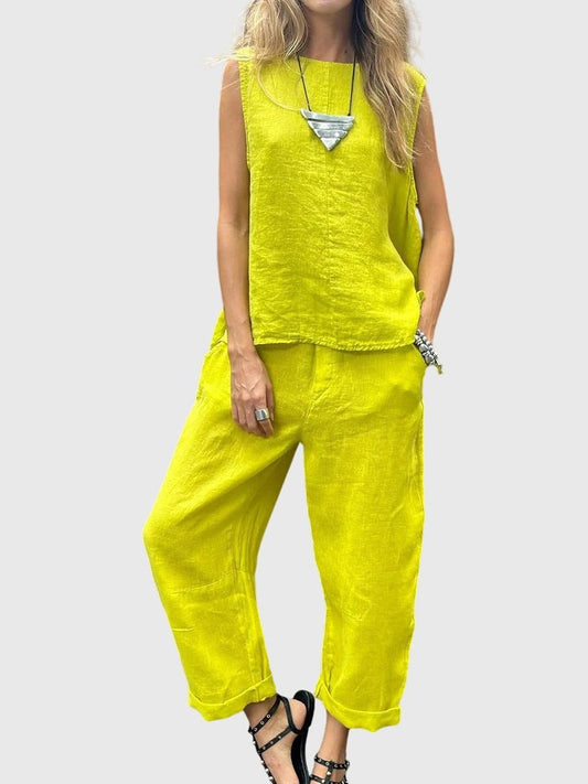 Effortless Yellow Two Piece Set for Women with Pockets Casual Style