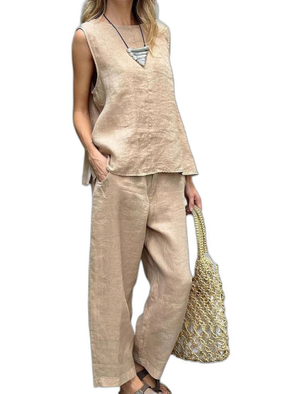 Effortless Yellow Two Piece Set for Women with Pockets Casual Style