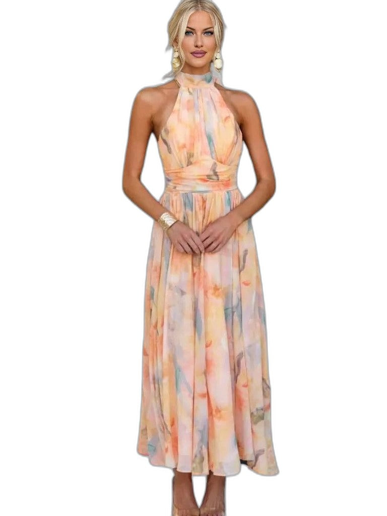 Elegant Abstract Maxi Dress for Women with Halter Sleeveless Cutout Backless Flowing Party Style
