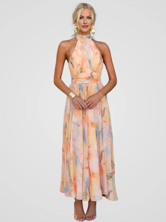 Elegant Abstract Maxi Dress for Women with Halter Sleeveless Cutout Backless Flowing Party Style