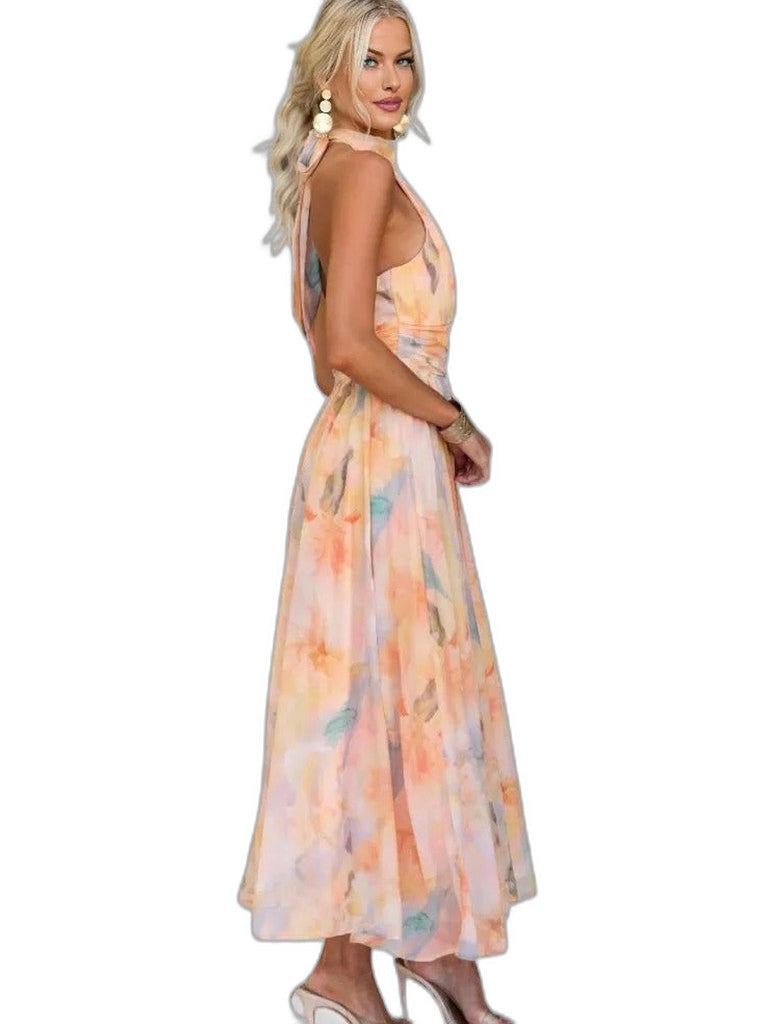 Elegant Abstract Maxi Dress for Women with Halter Sleeveless Cutout Backless Flowing Party Style