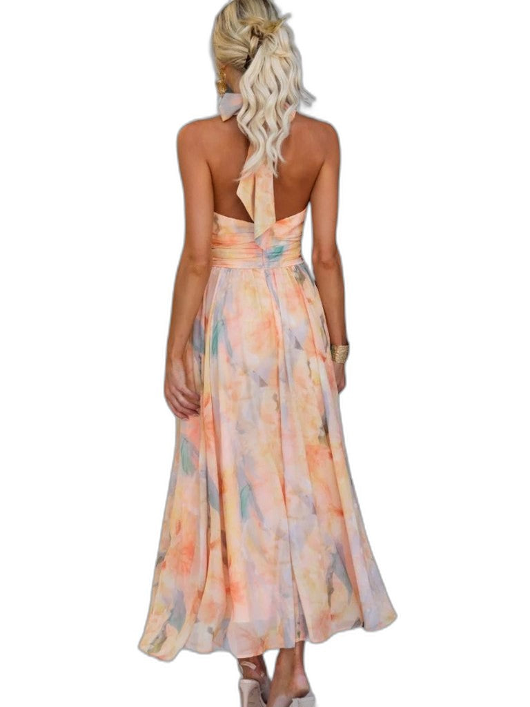 Elegant Abstract Maxi Dress for Women with Halter Sleeveless Cutout Backless Flowing Party Style