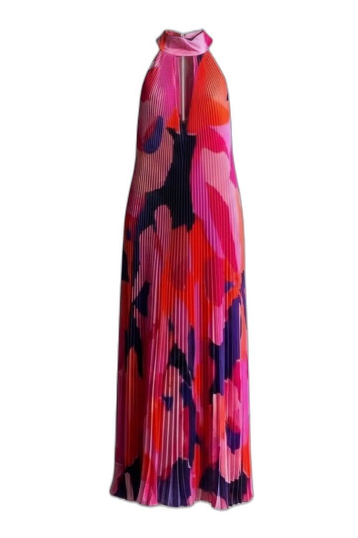 Elegant Abstract Maxi Dress for Women with Halter Sleeveless Pleated Flowing Cocktail Style