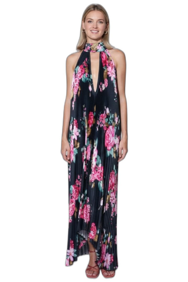 Elegant Abstract Maxi Dress for Women with Halter Sleeveless Pleated Flowing Cocktail Style