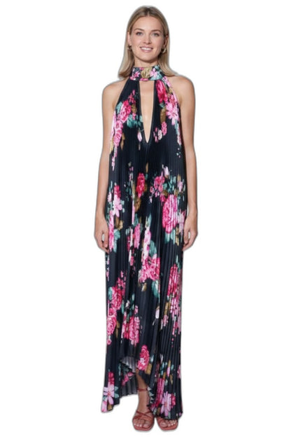 Elegant Abstract Maxi Dress for Women with Halter Sleeveless Pleated Flowing Cocktail Style