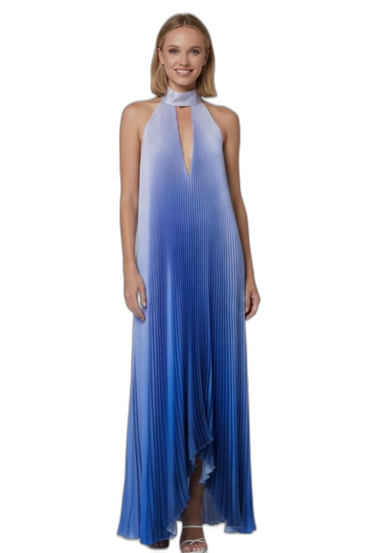 Elegant Abstract Maxi Dress for Women with Halter Sleeveless Pleated Flowing Cocktail Style