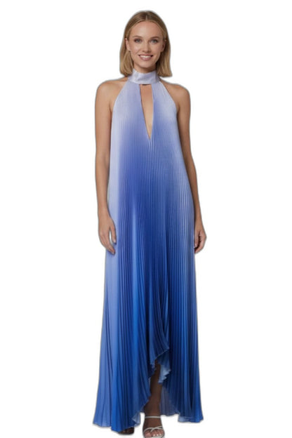 Elegant Abstract Maxi Dress for Women with Halter Sleeveless Pleated Flowing Cocktail Style